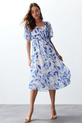 Blue Floral Skater Chiffon Maxi Woven Dress Twoss24el00840