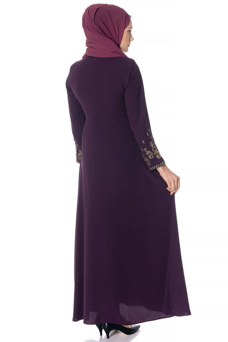 Purple Hijab Dress With Sleeve Cross Stitch Embroidery 749 T18elb3m749