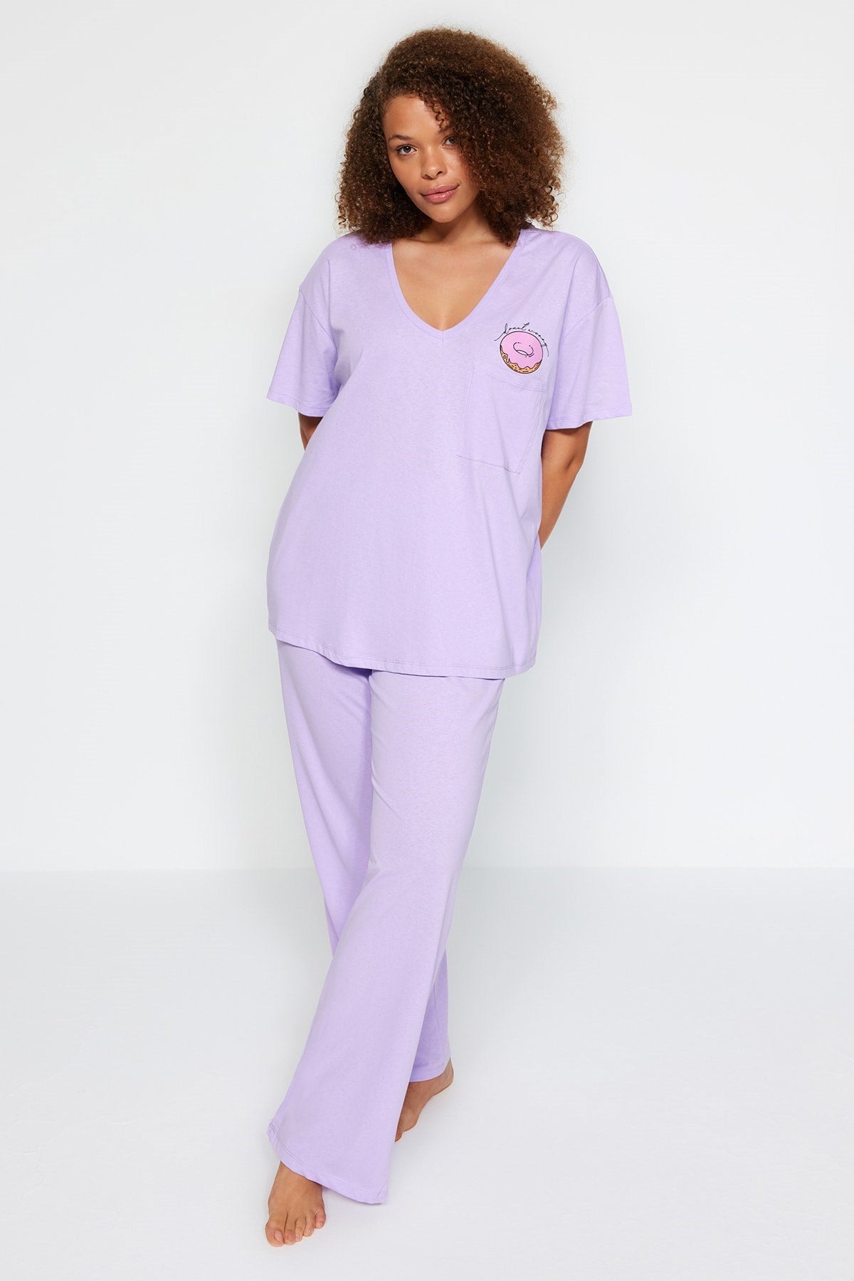 Lilac Printed Pocket Detailed Knitted Pajama Set Tbbaw24ai00004