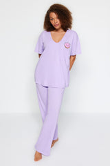 Lilac Printed Pocket Detailed Knitted Pajama Set Tbbaw24ai00004