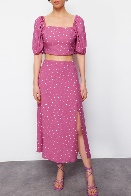 Lilac Polka Dot Slit Midi Viscose Woven Bottom Top Suit Twoss20au0097