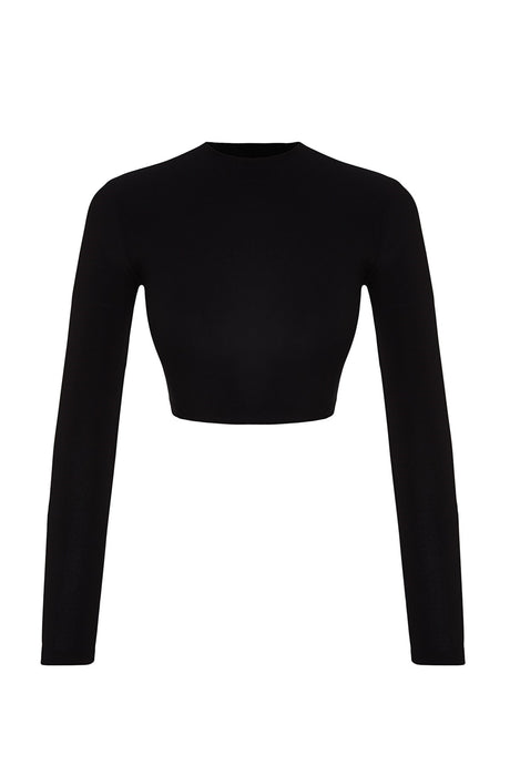 Black Stand-up Collar Back Neckline Fitted/body-fitting Crop Flexible Knit Blouse Twoaw24bz00250