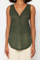 Khaki V Neck Linen Look Button Detailed Regular Fit Knitted Tank Top Twoss23al00081