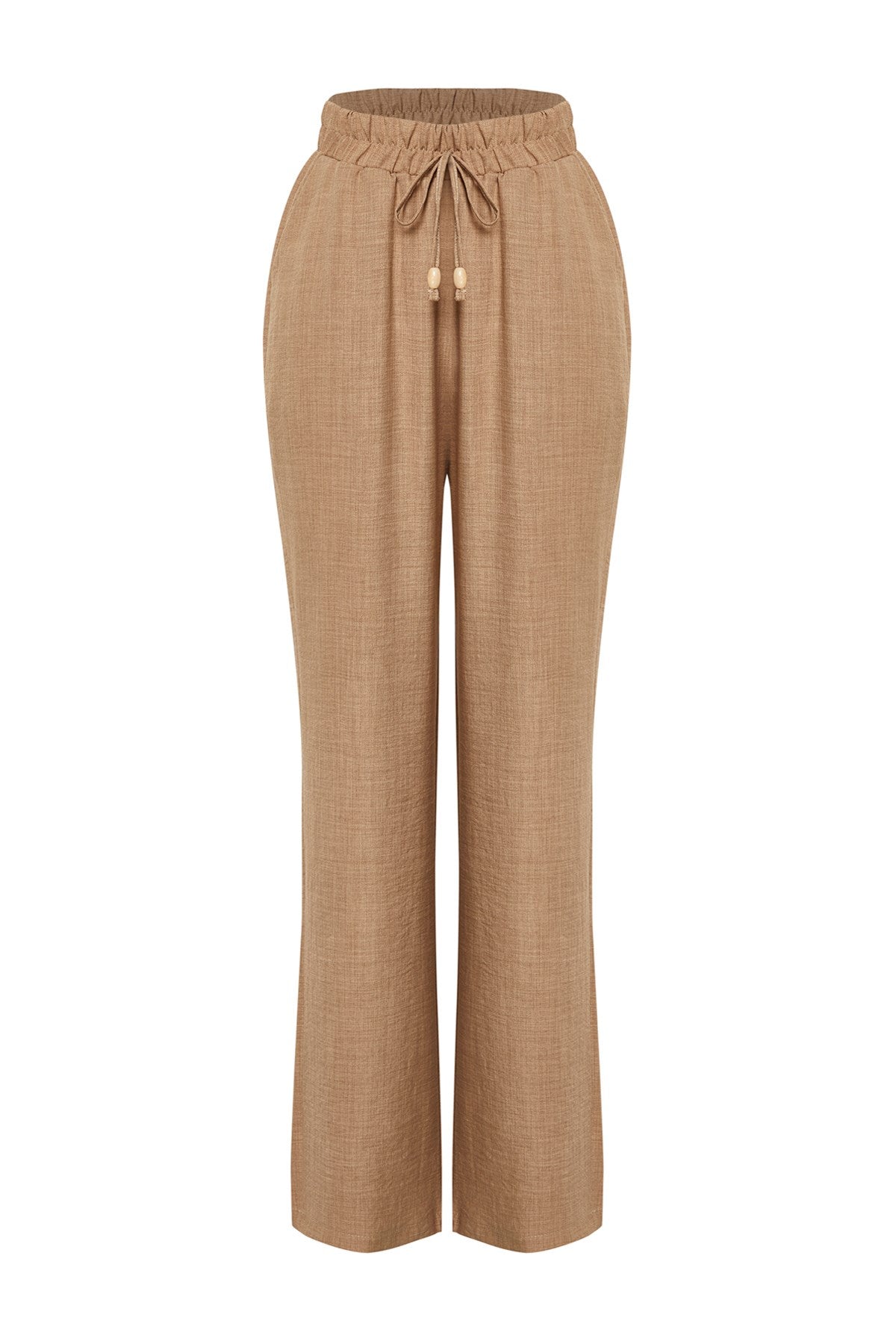 Camel Straight/straight Cut Waist Elasticated Lace-up Linen Look Pants Twoss24pl00056