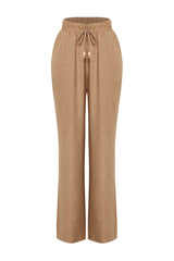 Camel Straight/straight Cut Waist Elasticated Lace-up Linen Look Pants Twoss24pl00056