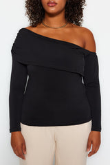 Black Asymmetric Collar Knitted Plus Size Blouse Tbbaw24af00032