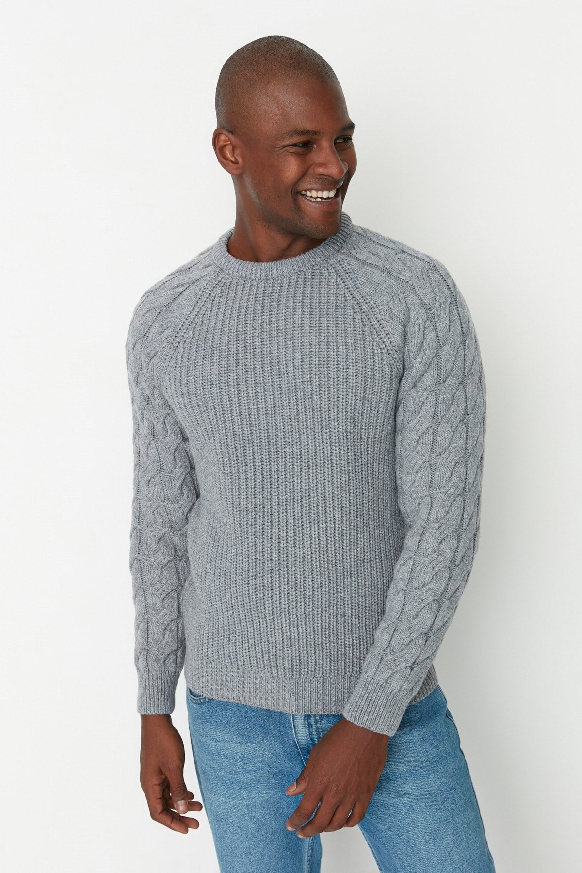 Grey Mens Men Regular Fit Crew Neck Hair Weave Detailed Knitwear Sweater Tmnaw22kz2059