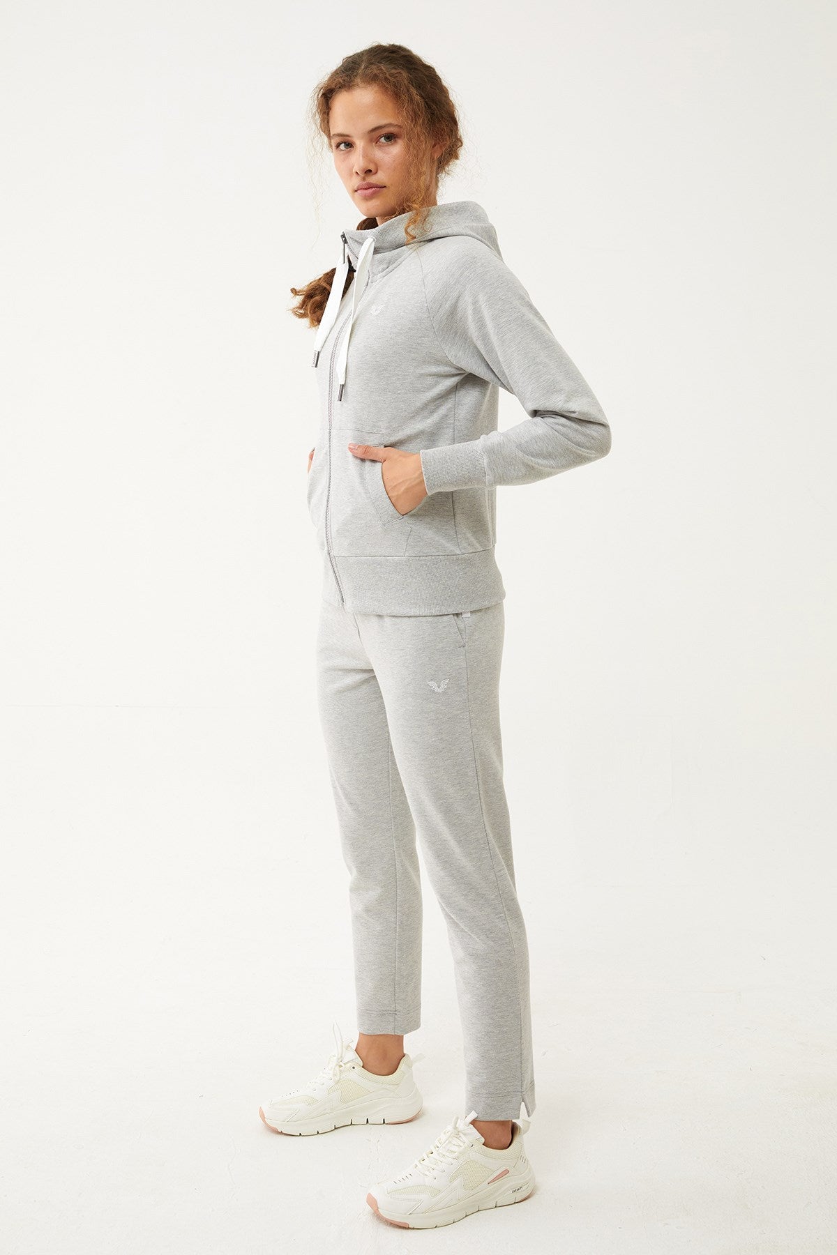 Women's Grey Melange Narrow Leg Organic Cotton Sports Tracksuit Bottoms 0667 Tb23wy05s0667-1