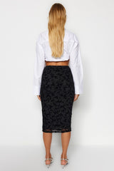 Black Flock Printed Tulle Lined Pencil Midi High Waist Flexible Knitted Skirt Twoaw24et00163