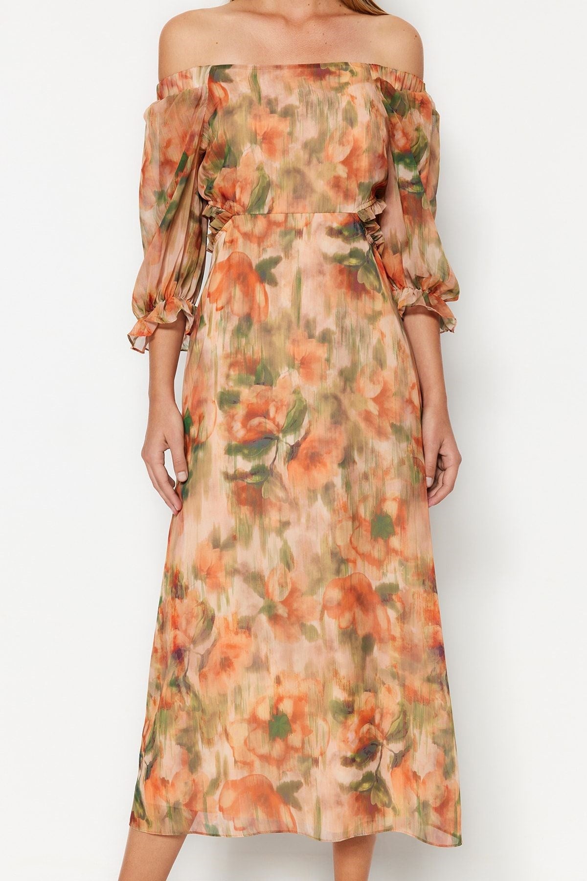 Orange Floral Carmen Collar A Cut/bell Form Chiffon Maxi Lined Woven Dress Twoss23el02422