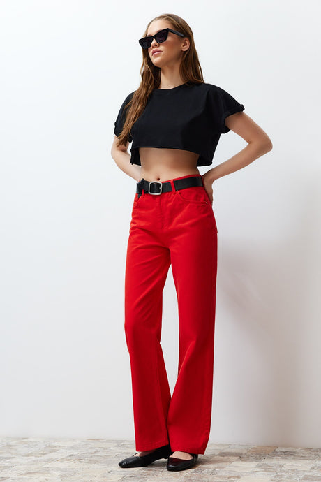 Red High Waist Wide Leg Jeans Twoss24je00228