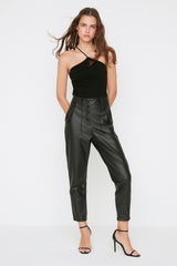 Black Carrot Woven Front Button Faux Leather Pants Twoaw22pl0083