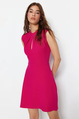 Fuchsia Neckline Detailed Crepe Mini Knitted Dress Twoss23el02015