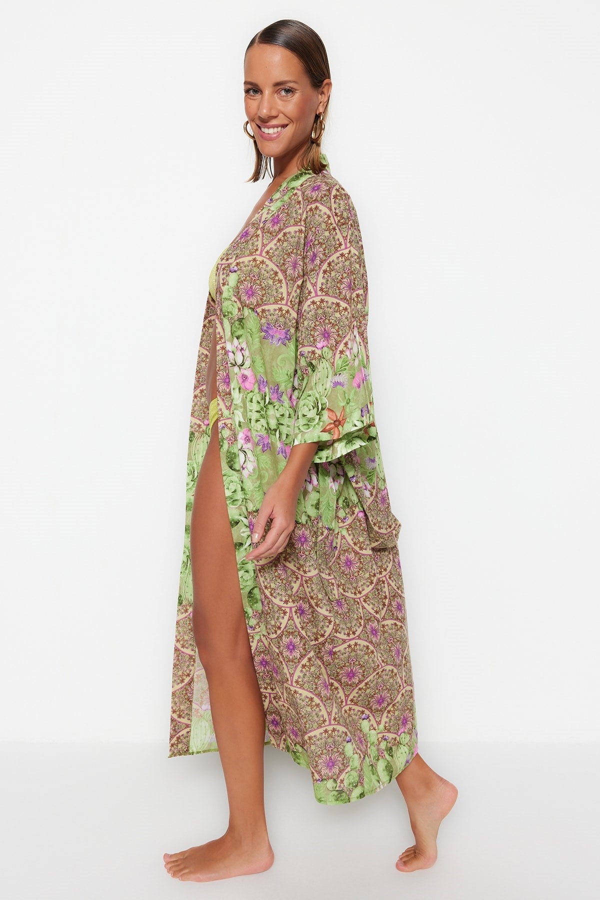 Floral Pattern Belted Maxi Woven 100% Cotton Kimono&kaftan Tbess23km00009