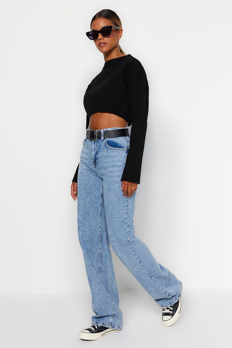 Dark Blue High Waist Wide Leg Jeans Twoaw24je00074