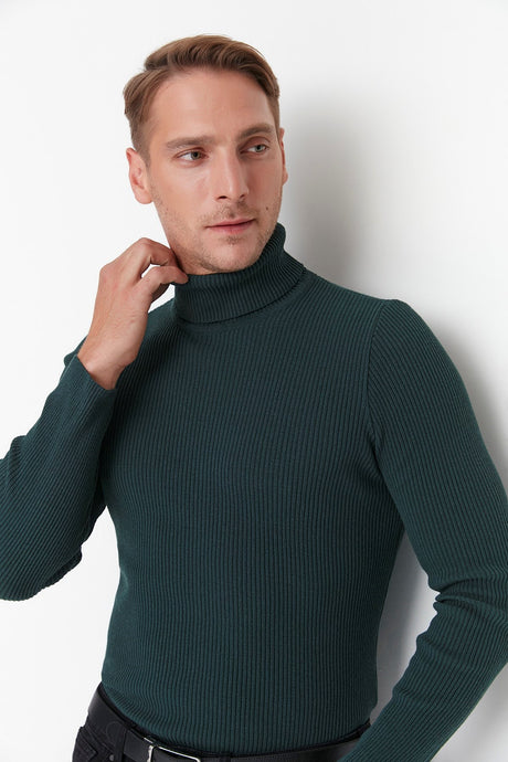 Grey Men's Slim Fit Turtleneck Ribbed Knit Basic Sweater Tmnaw20mg0031