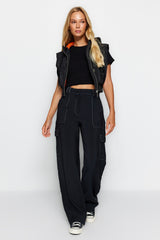 Black Cargo Wide Leg Contrast Stitching Detailed Woven Pants Twoss21pl0288