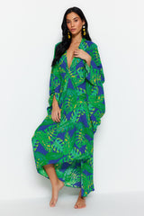 Tropical Pattern Wide Fit Maxi Woven Ruffle Beach Dress Tbess23el00274