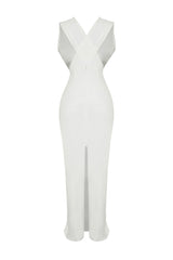 White Deep V Neck Woven Long Elegant Evening Dress Tprss24ae00147