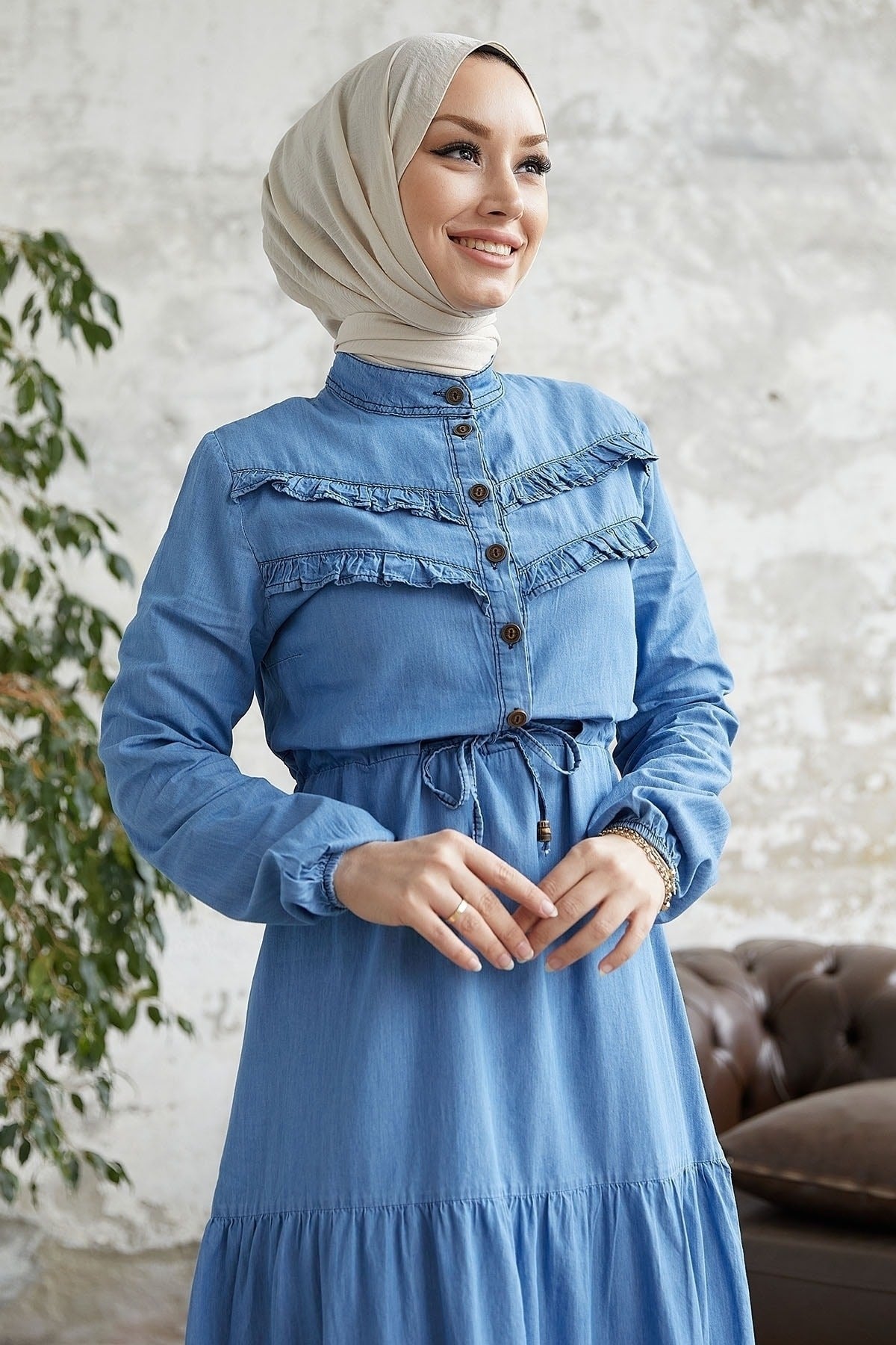 Fellen Ruffle Detailed Denim Burkini Dress - Light Blue Ms00or3823