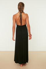 Black Maxi Knitted Bead Accessorized Beach Dress Tbess21el2796