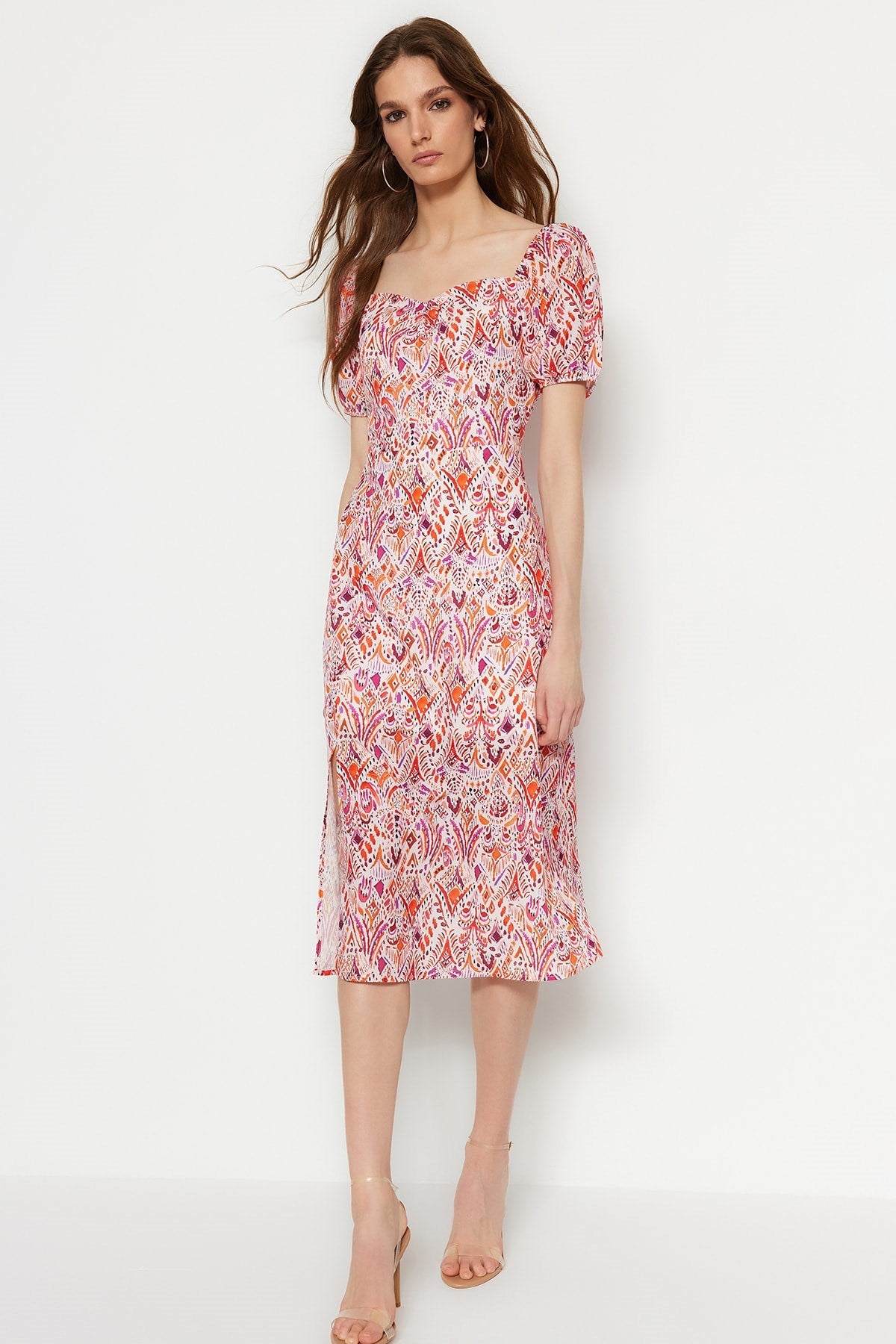 Pink Patterned A Cut Square Neckline Slit Midi Lined Chiffon Woven Dress Twoss23el01846