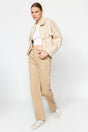 Beige Stitching Detailed Satin High Waist Wide Leg Jeans Twoaw24je00297