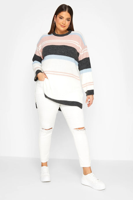 Plus Size Striped Round Neck Slit Detailed Knitwear Sweater 301831