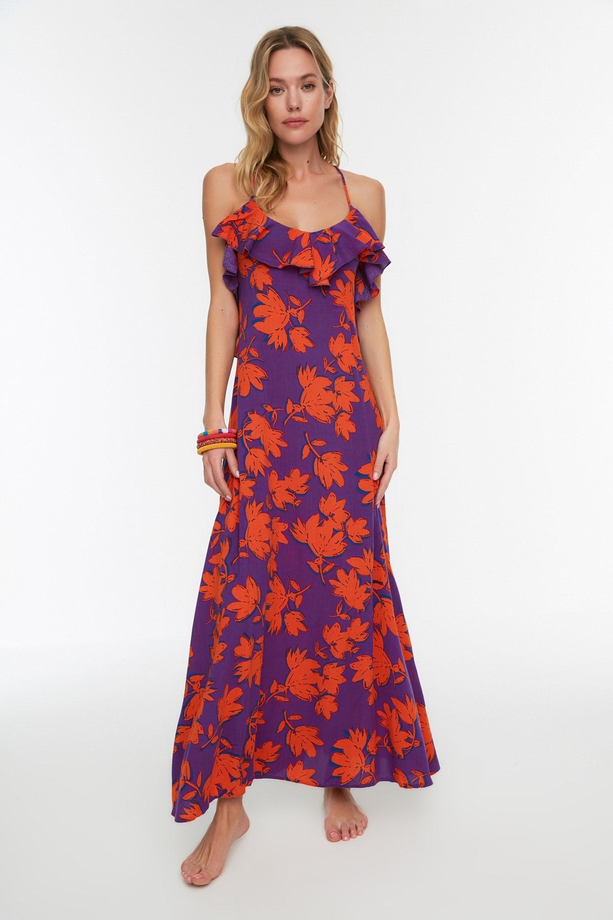 Floral Print Maxi Woven Ruffle Beach Dress Tbess19wy0004