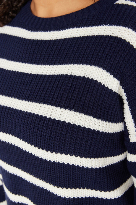 Navy Blue Striped Low Shoulder Knitwear Sweater Tbbaw23an00195