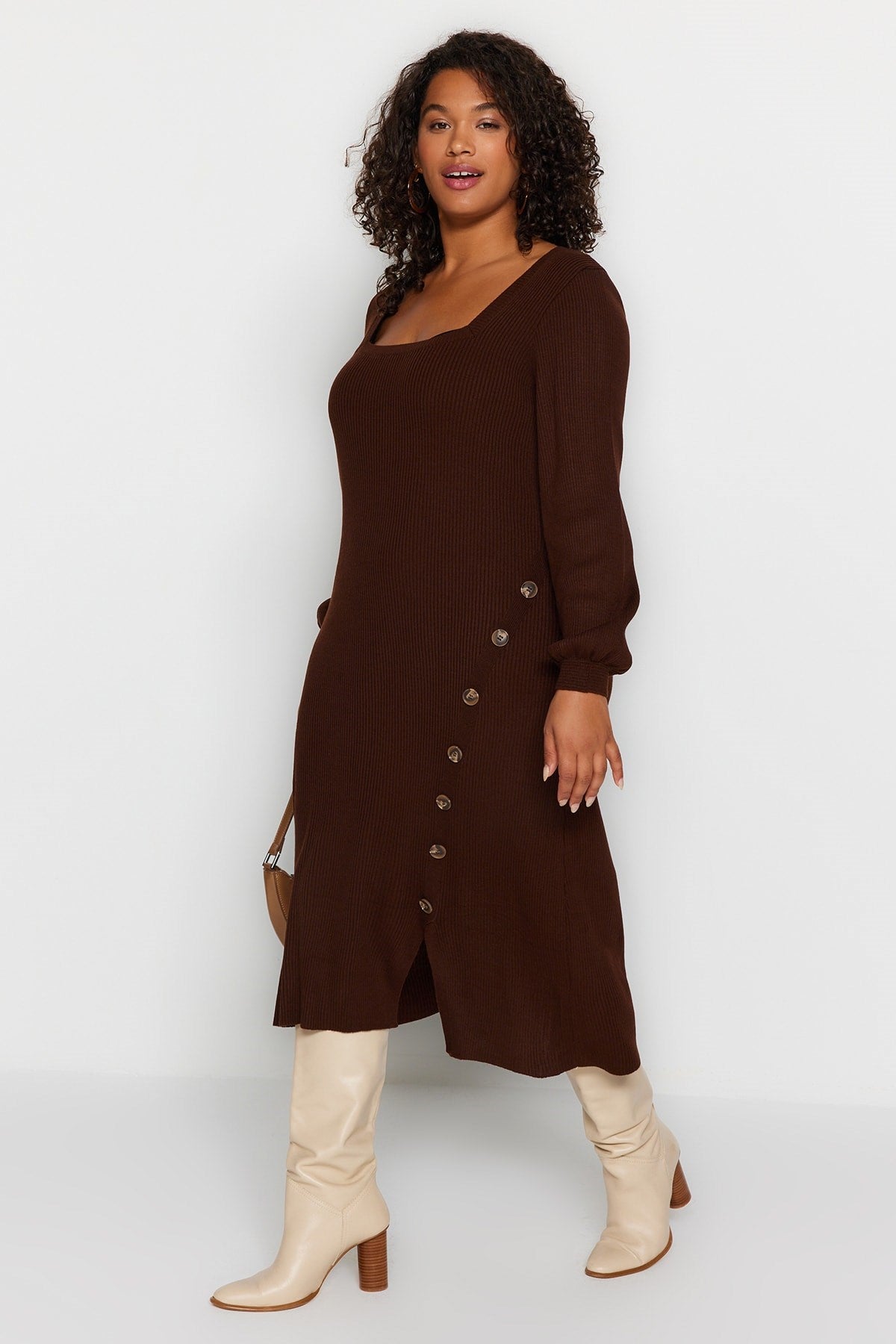 Brown Button Detailed Slit Knitwear Dress Tbbaw24ah00009