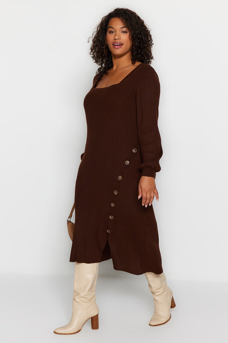 Brown Button Detailed Slit Knitwear Dress Tbbaw24ah00009