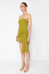 X Zeynep Tosun Oil Green Knitted Accessory Detailed Elegant Evening Dress Tclss24el00008