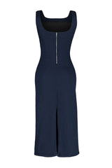 Dark Blue Stitching Detailed Denim Midi Dress Twoss24el00380