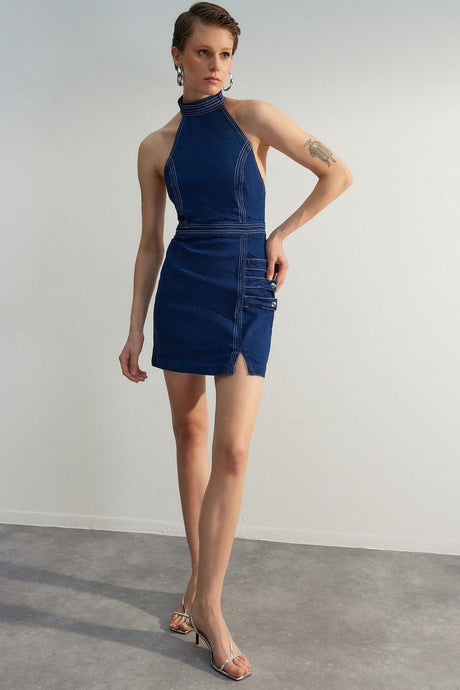 Limited Edition Dark Blue Button Detailed Denim Dress Twoss23el01730