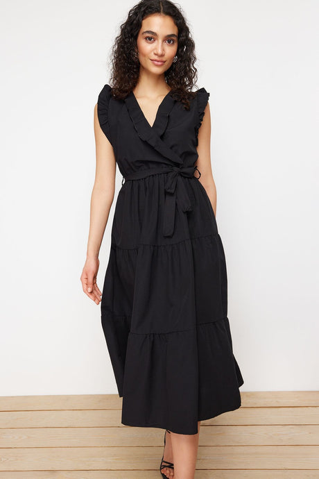 Black Belted A Cut Double Neck Midi Woven Dress Twoss24el00914