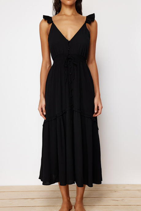 Black Maxi Woven Ruffle Beach Dress Tbess24el00092