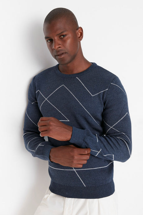 Navy Blue Men's Slim Fit Crew Neck Drawstring Pattern Knitwear Sweater Tmnaw22kz0662