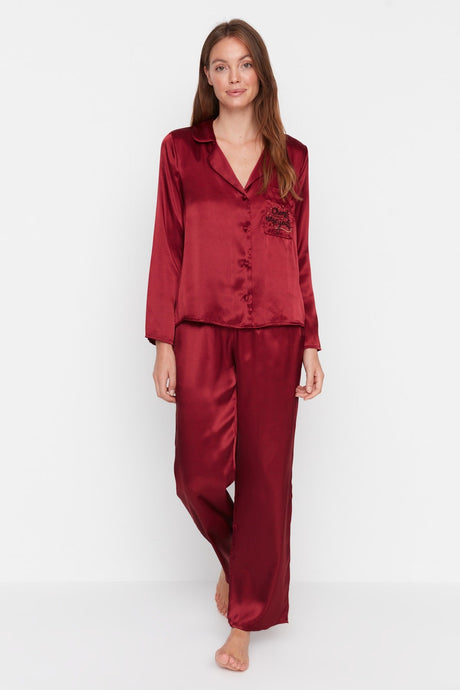 Burgundy Christmas Themed Embroidered Satin Shirt-pants Woven Pajama Set Thmaw22pt1145