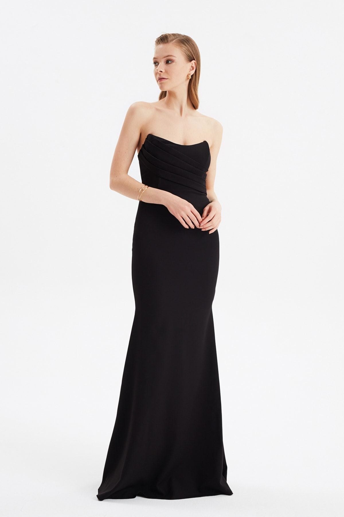 Black Collar Detailed Long Evening Evening Dress Tprss21ae0121