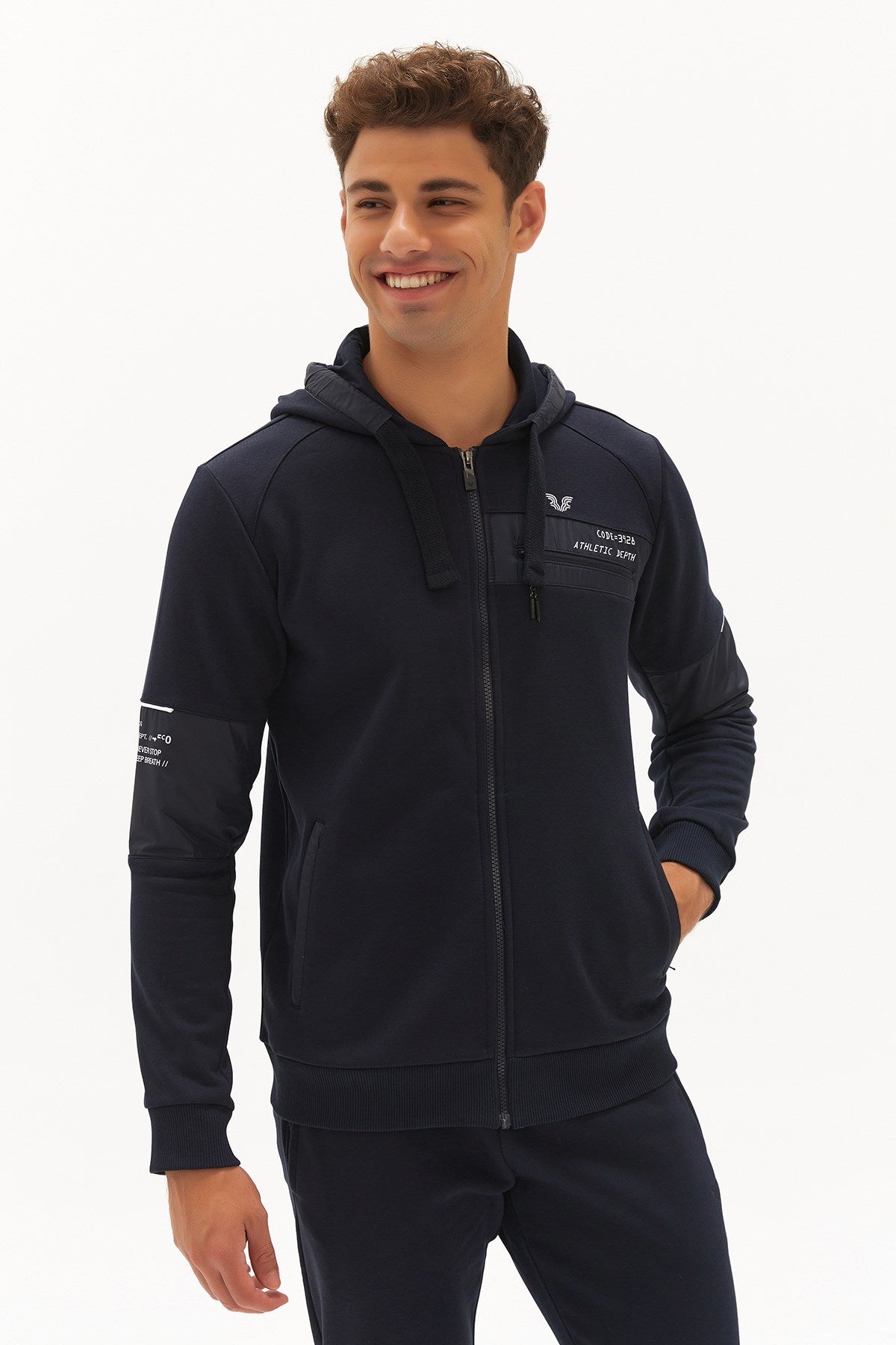 Men's Navy Blue Hooded Zipper Pocket Casual Sports Tracksuit Top 0371 Tb22ml06w0371-1