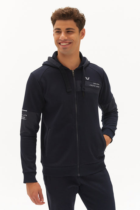 Men's Navy Blue Hooded Zipper Pocket Casual Sports Tracksuit Top 0371 Tb22ml06w0371-1