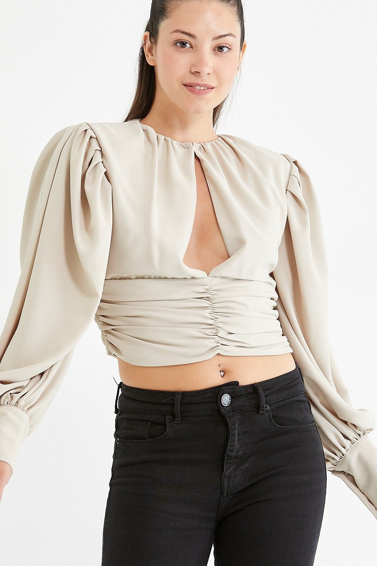 Women's White Chest And Waist Ruffle Detailed Crop Blouse Lgoz140rlx