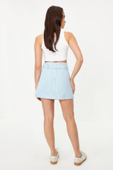 Light Blue Buckle Detailed Tire High Waist Mini Denim Skirt Twoss24et00061