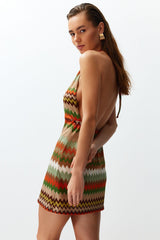 Geometric Pattern Mini Knitted Cut Out/window Knit Look Beach Dress Tbess24el00000