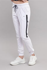 Women's White Woven Lycra Slim Bi-strech Solid Color Pockets Ribana Leg Sports Casual Sweatpants 352