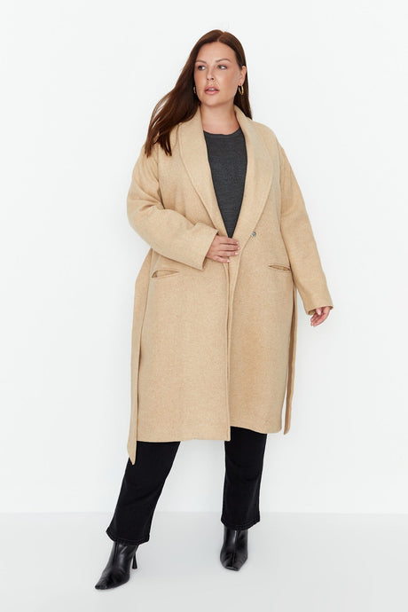 Camel Belted Oversize Cashmere Woven Coat Tbbaw23kb00004