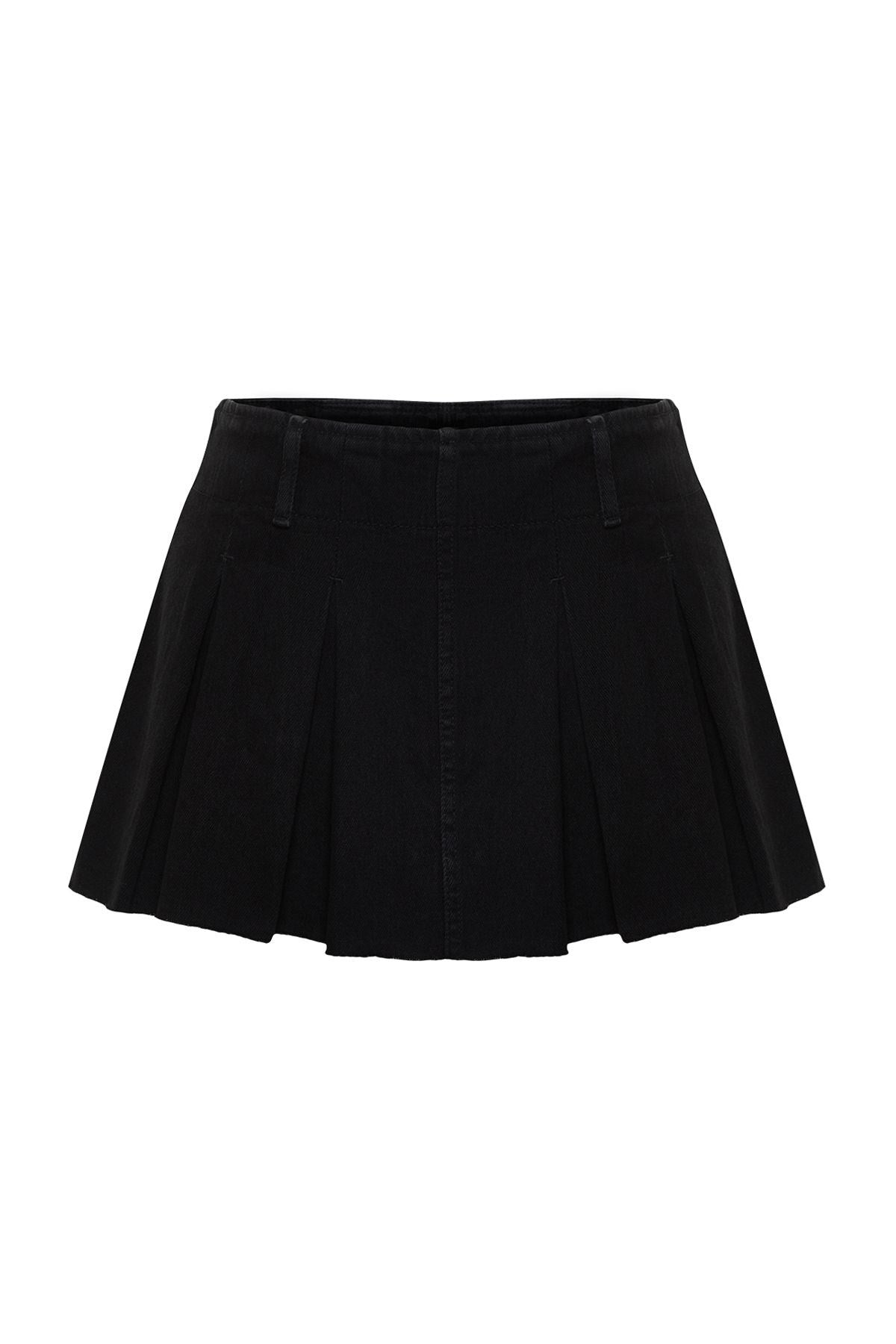 Black Pleated High Waist Denim Shorts Skirt Twoss24sr00026