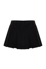 Black Pleated High Waist Denim Shorts Skirt Twoss24sr00026