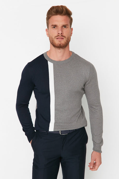 Navy Blue Men's Slim Fit Crew Neck Color Block Cotton Knitwear Sweater Tmnaw21kz0566